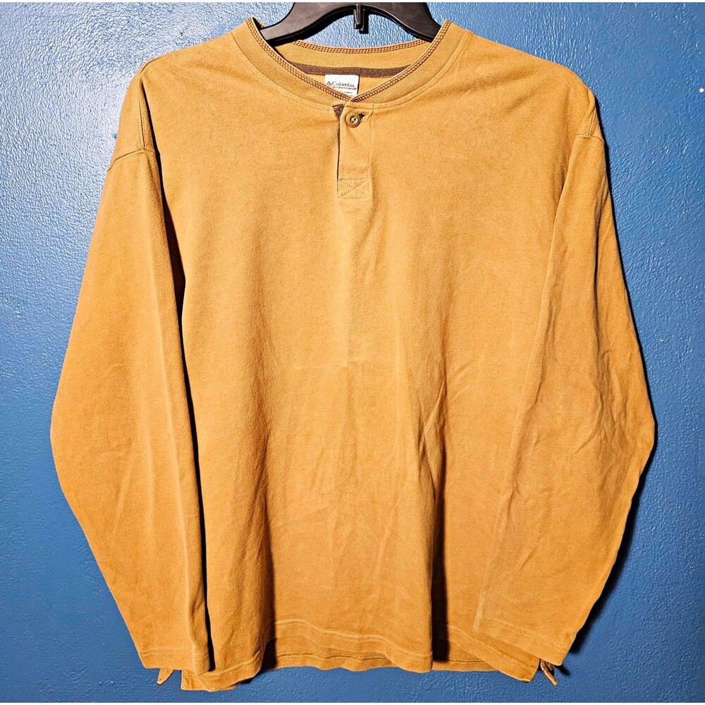 VTG Columbia Henley Shirt Mens L Tan Brown Long Sleeve Cotton Outdoor Pullover